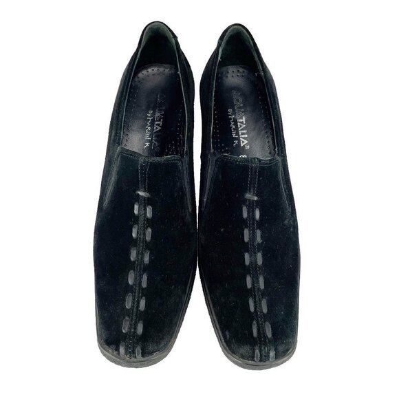 Vintage Aquatalia Marvin K Wedge Black Suede Slip On Shoes Whipstitch Accent s8 - Picture 1 of 9